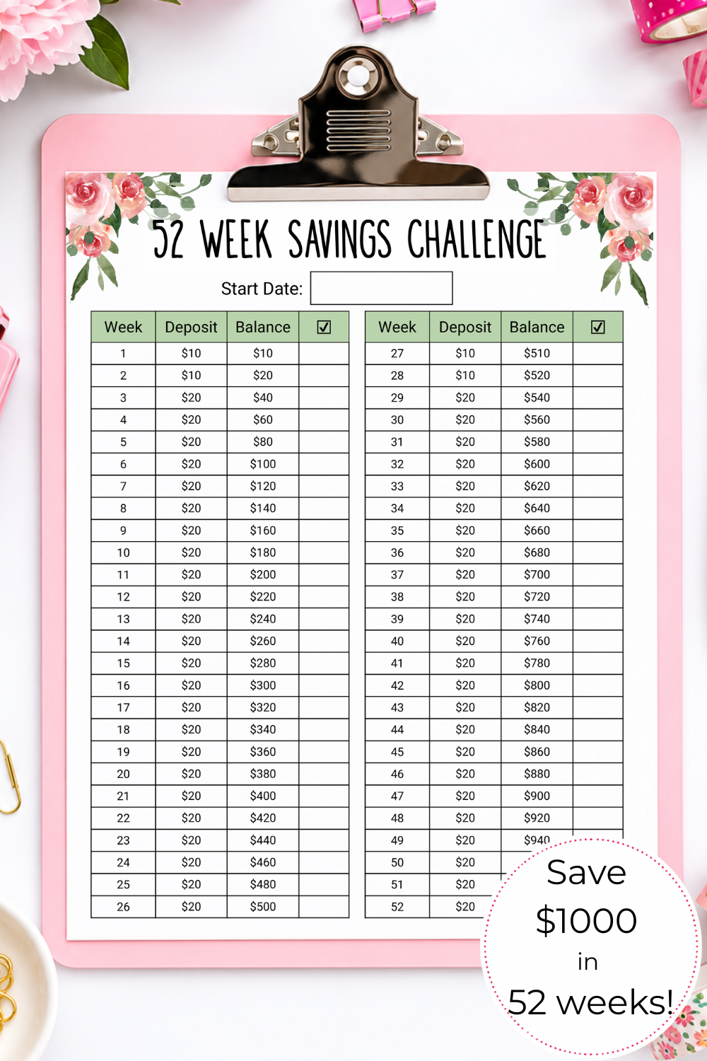 $1000 in 52 Weeks Money Saving Challenge