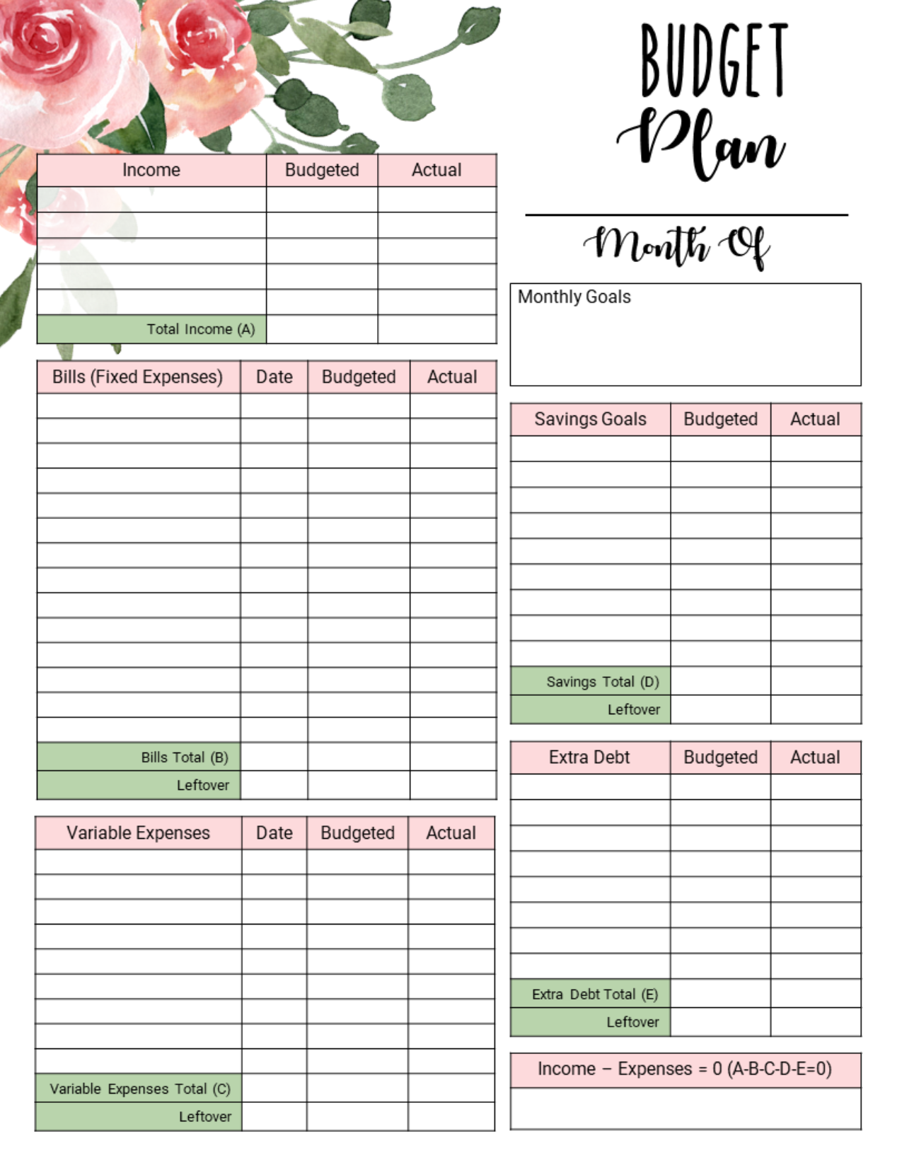Budget Monthly Planner with Rose Design