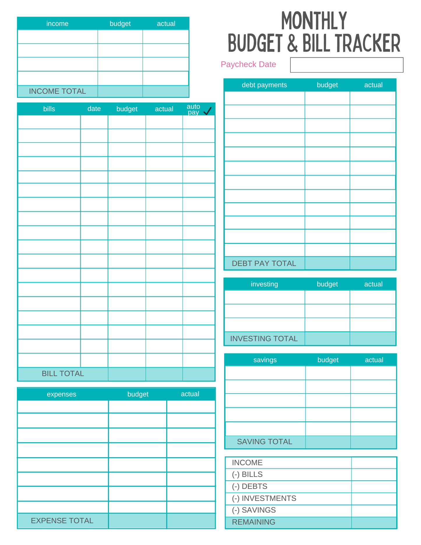 Monthly Paycheck Budget Template
