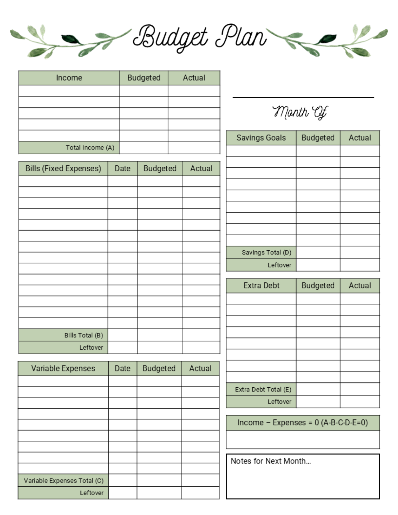 Monthly Budget Planner Template Greenery