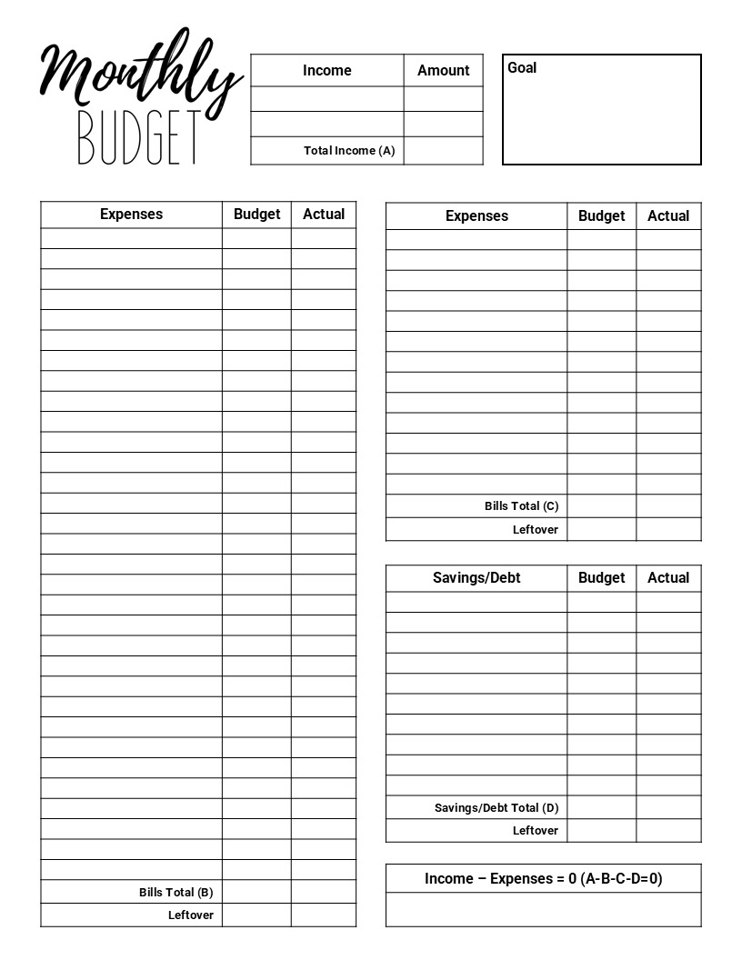 Fun Monthly Budget Printable Simple Black and White Design