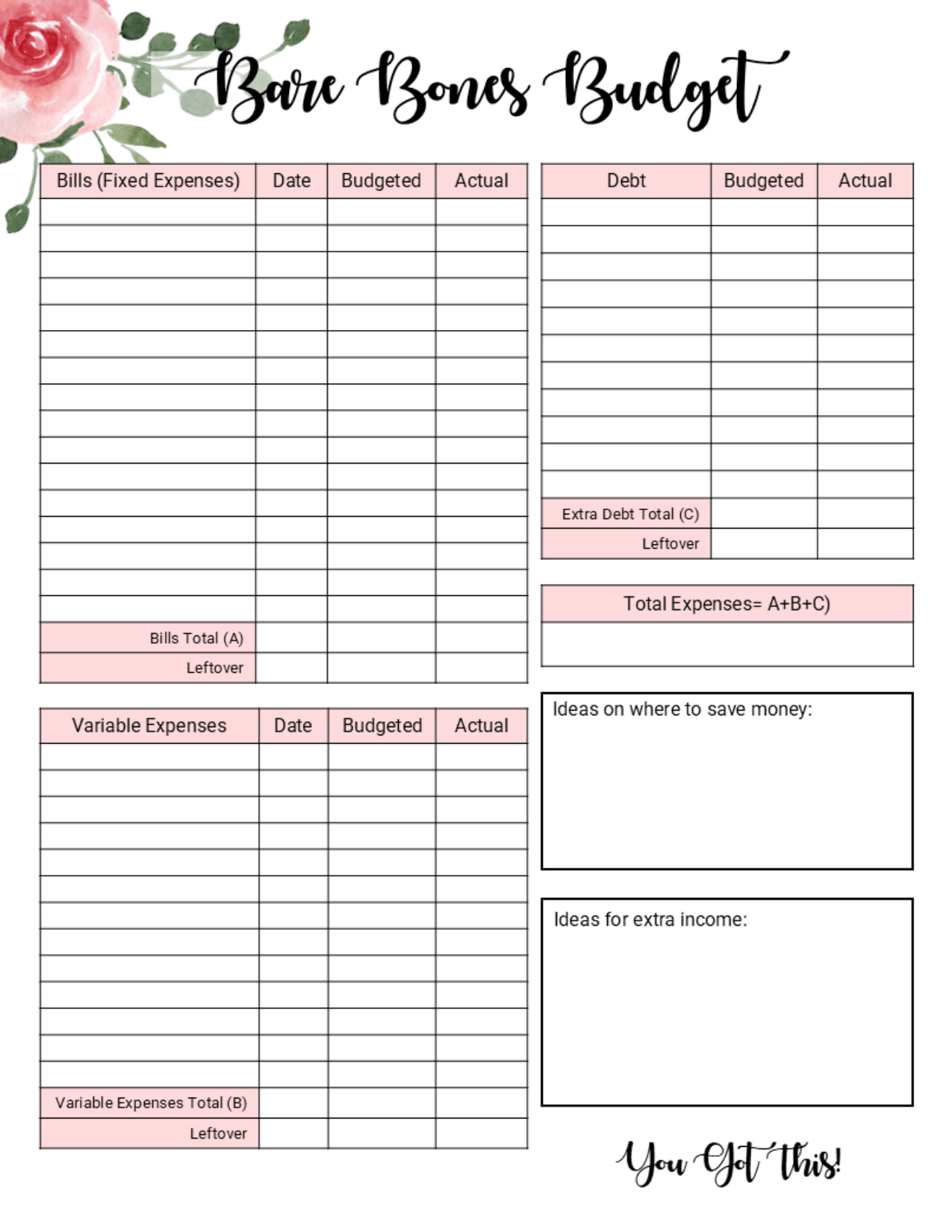 Bare Bones Budget Worksheet