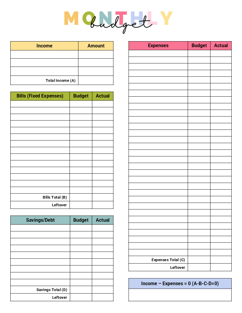 Monthly Budget Sheet