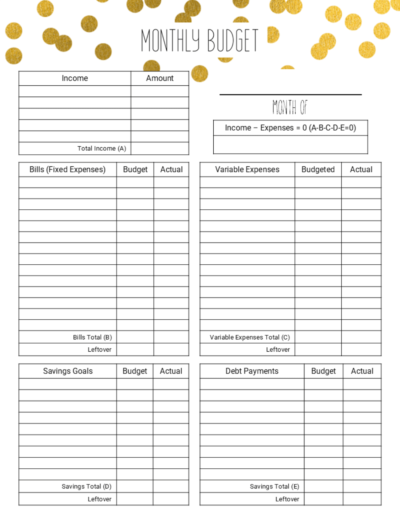 Monthly Budget Planner Gold Dots