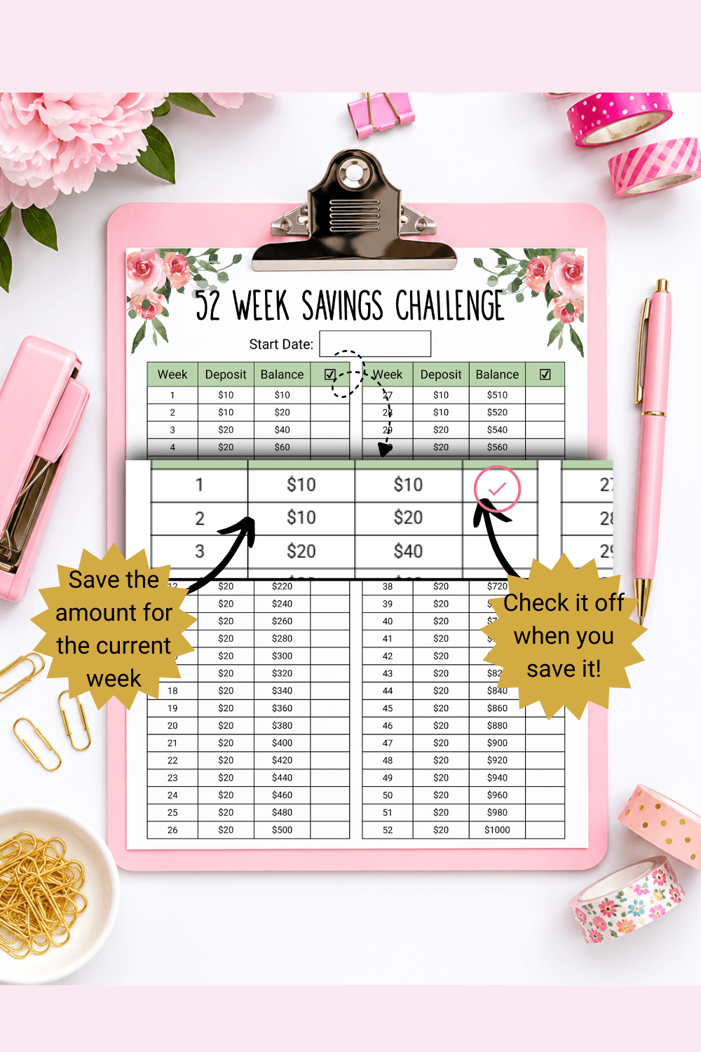 $1000 in 52 Weeks Money Saving Challenge