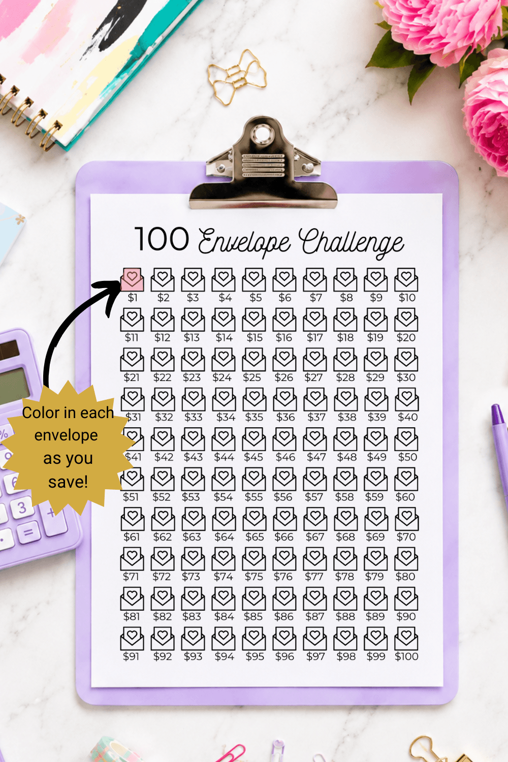 100 Envelope Savings Challenge Printable
