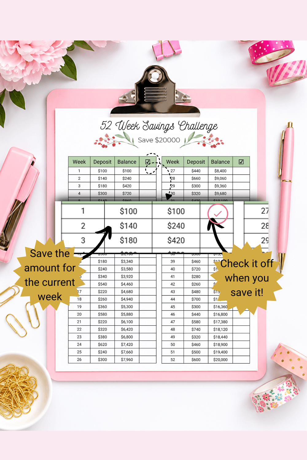 $20000 in 52 Weeks Money Saving Challenge