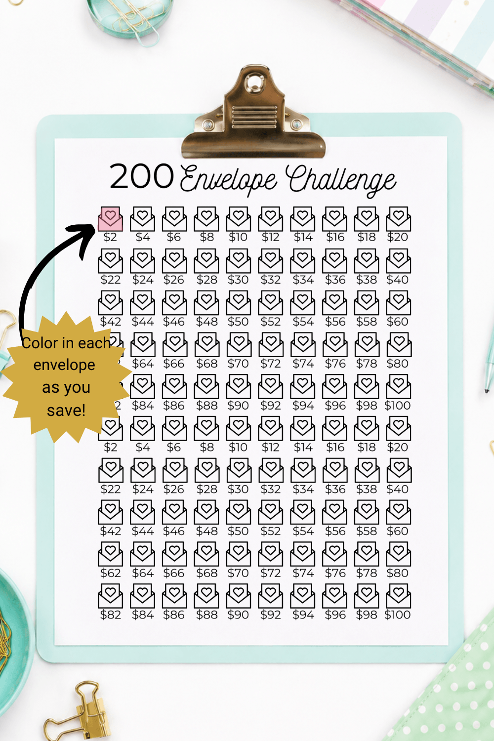 200 Envelope Doubles Savings Challenge Printable