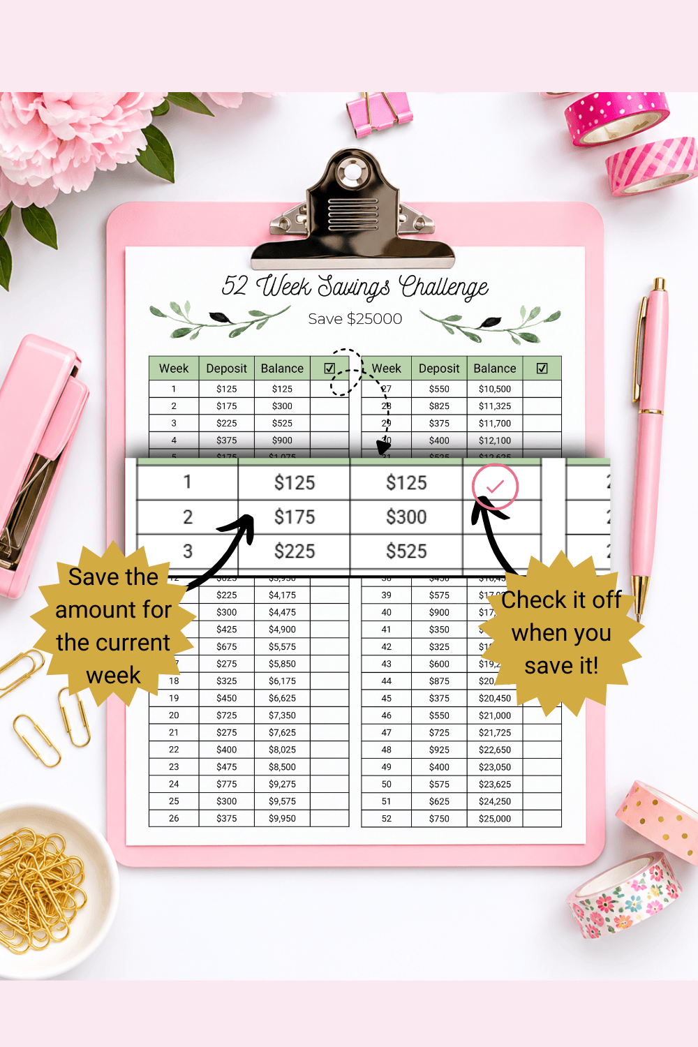 $25000 in 52 Weeks Money Saving Challenge