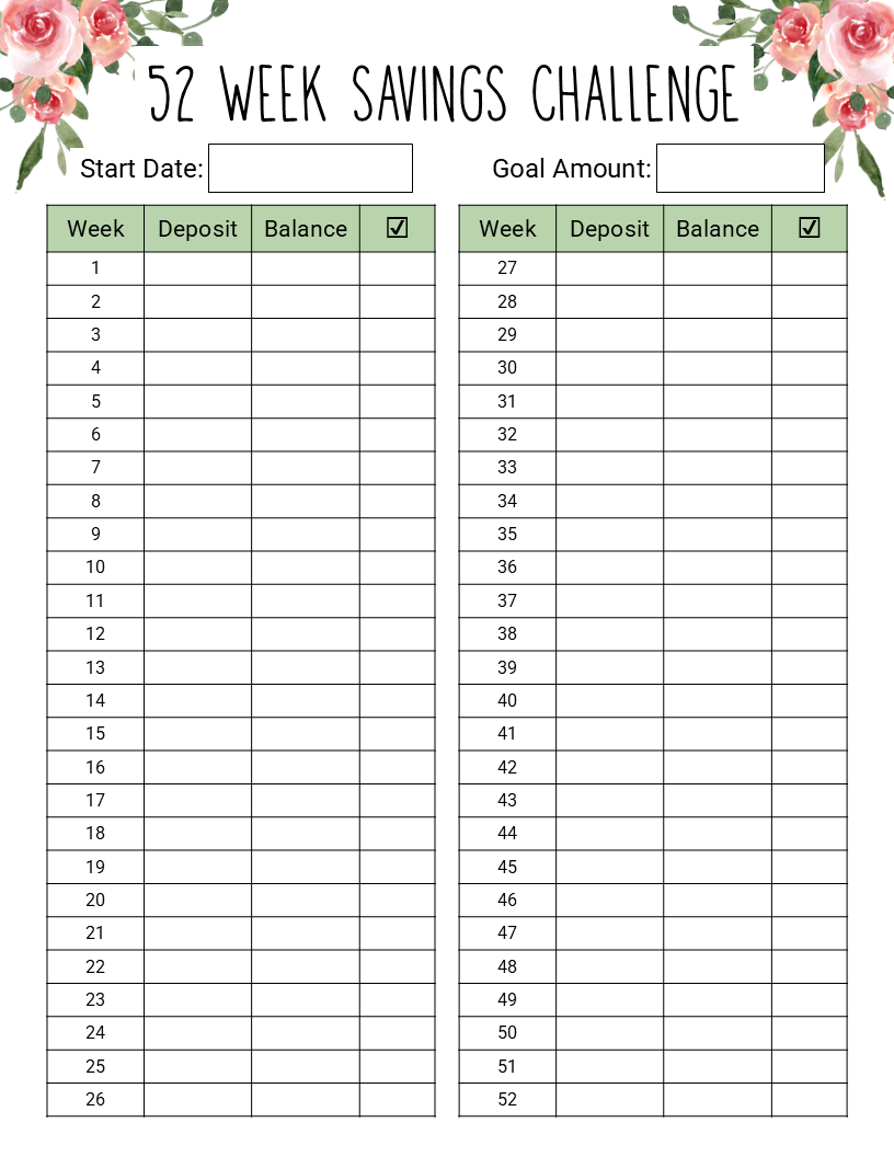 Blank 52 Week Money Saving Challenge