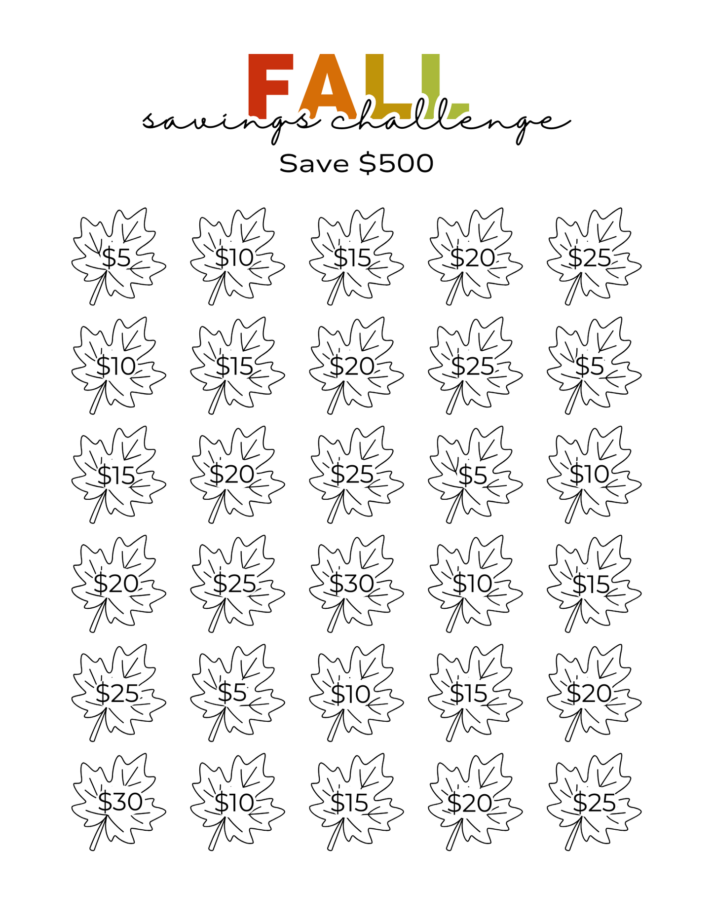 Fall Savings Challenge Printable