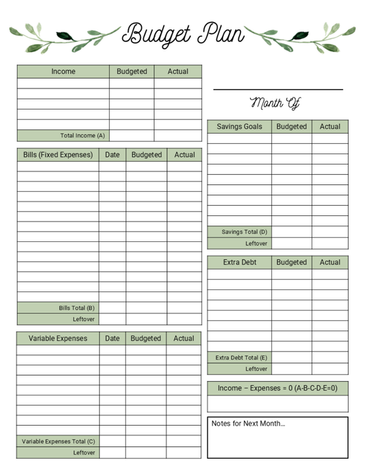 Monthly Budget Planner Template Greenery