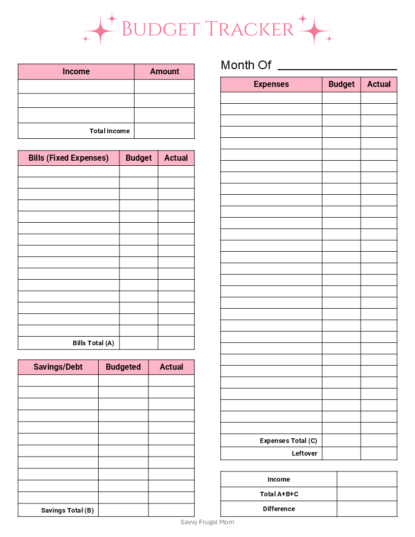 Monthly Budget Planning Printable with Pink Sparkle Design