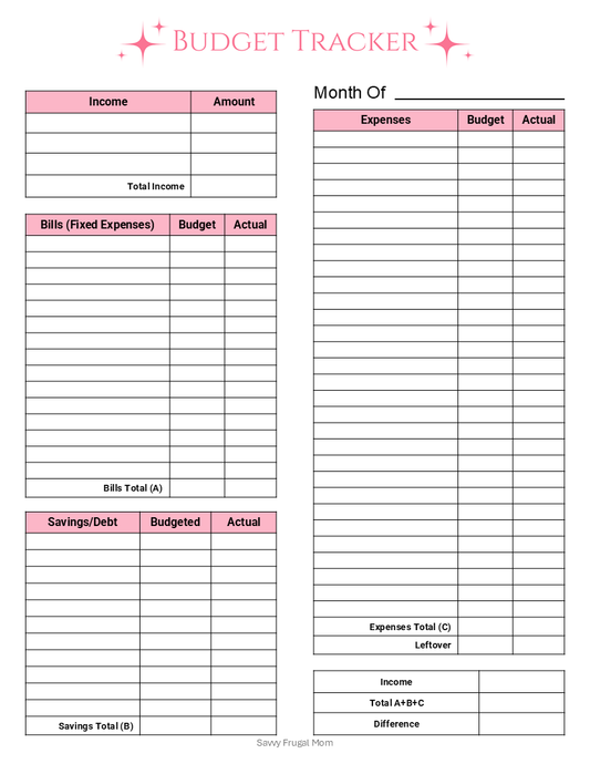 Monthly Budget Planning Printable with Pink Sparkle Design