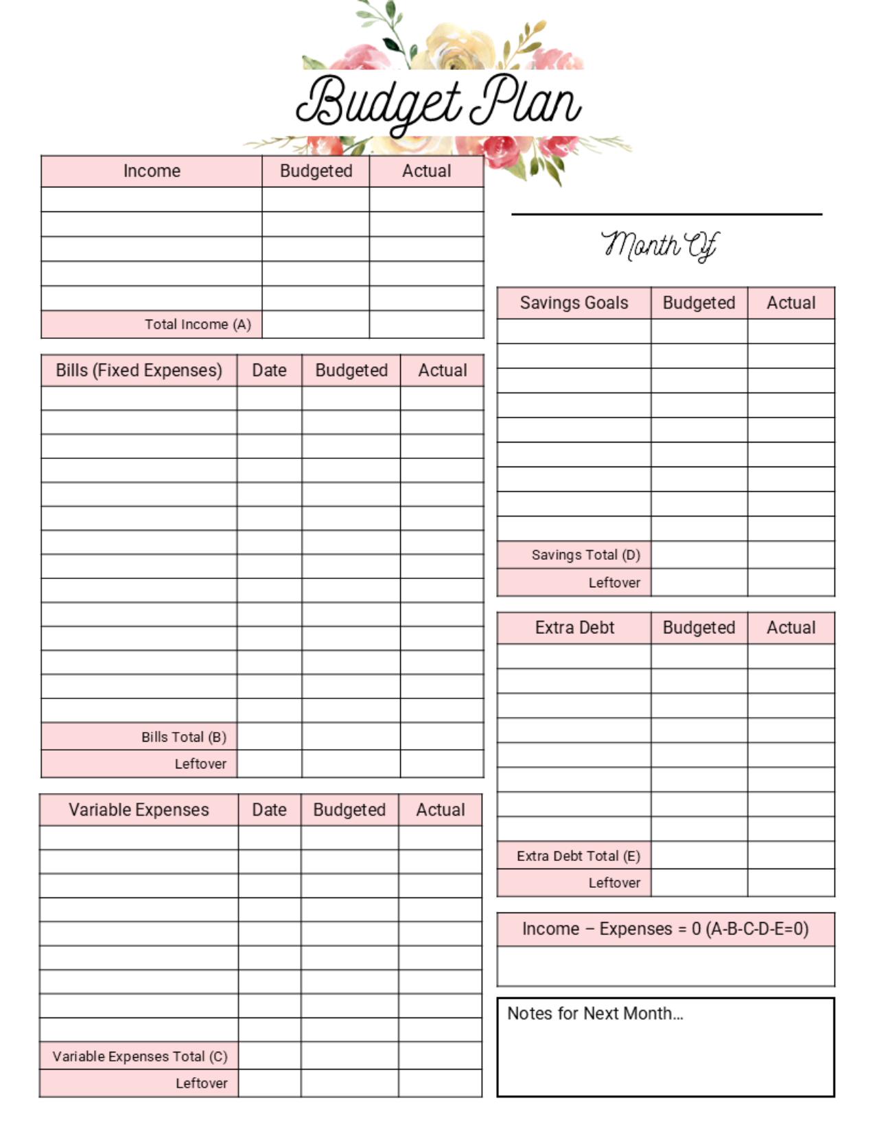 Floral Monthly Budget Template