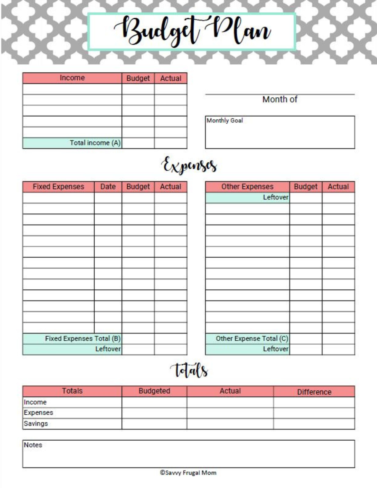 Monthly Household Budget Printable