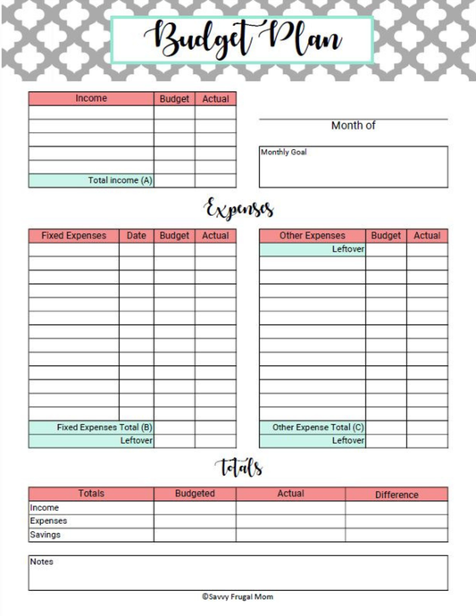 Monthly Household Budget Printable