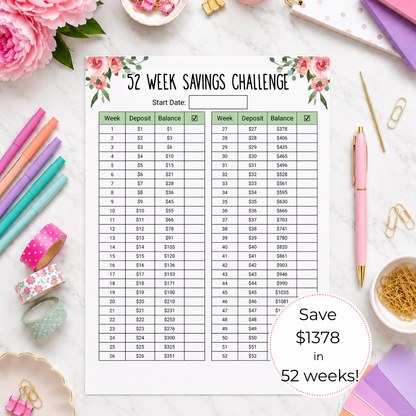52 Week Savings Challenge Printable