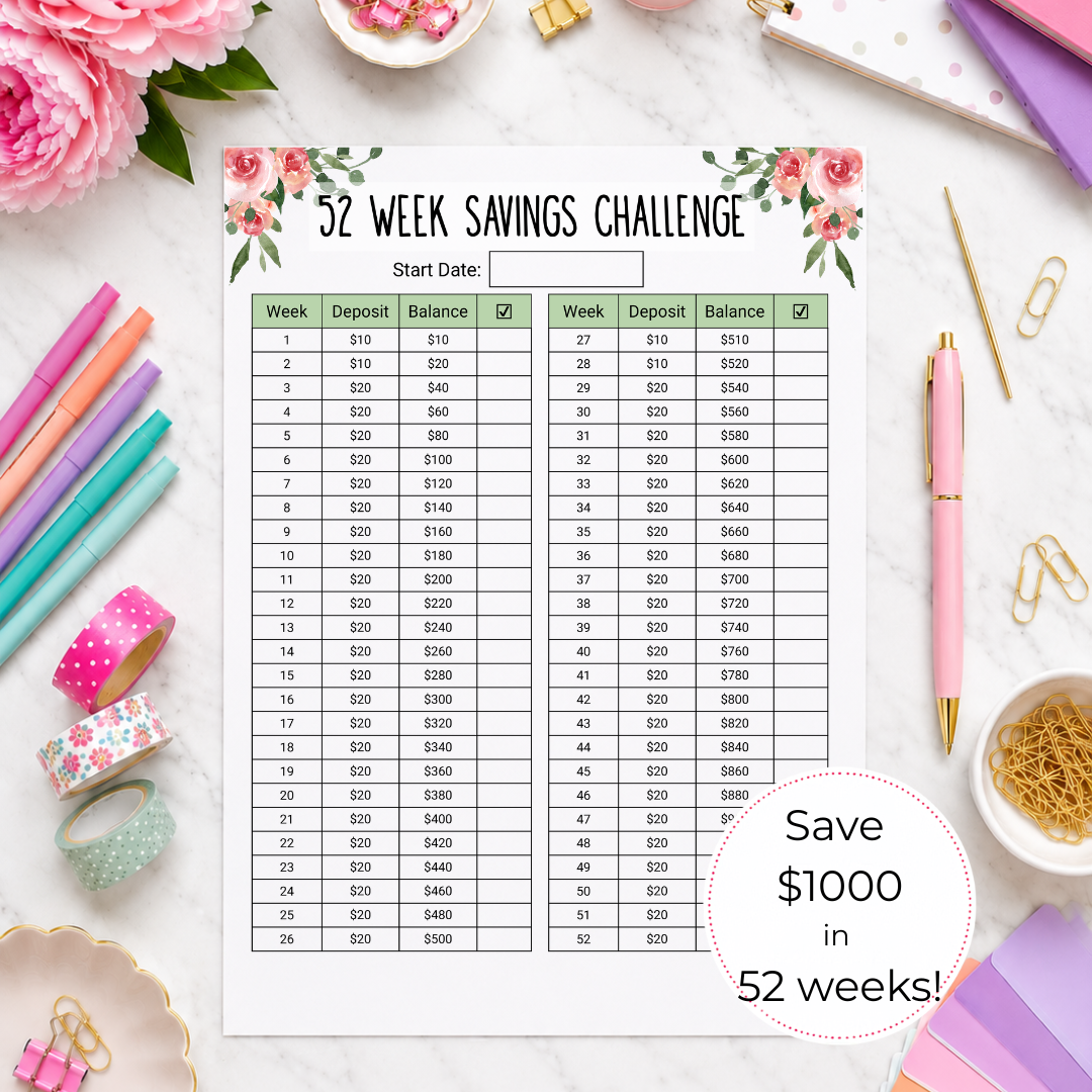 $1000 in 52 Weeks Money Saving Challenge