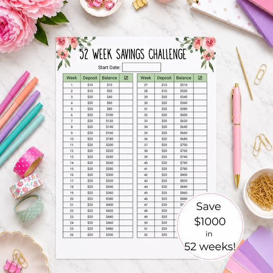 $1000 in 52 Weeks Money Saving Challenge