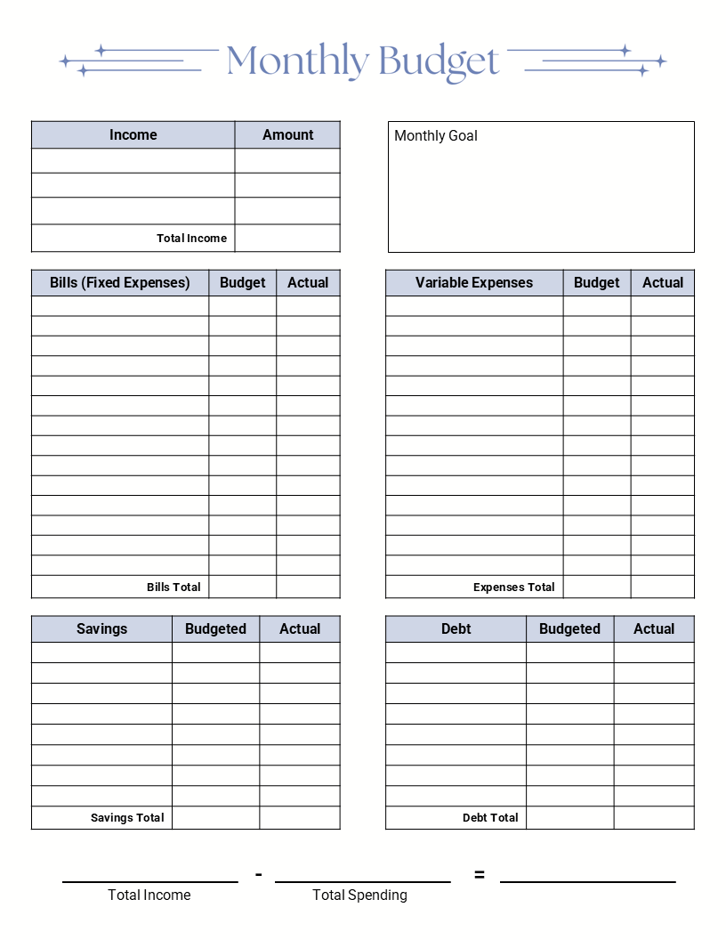 Monthly Budget Planner for Beginners with Blue Shooting Star Design