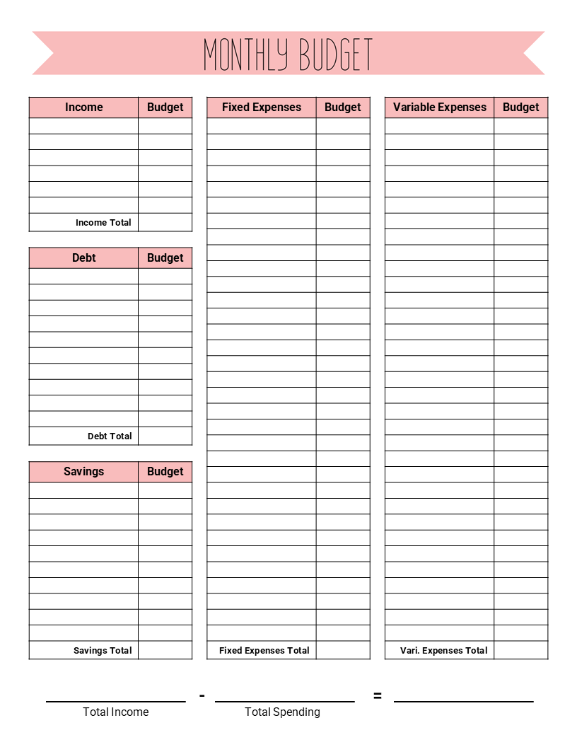 Monthly Budget Worksheet with Pink Banner Design