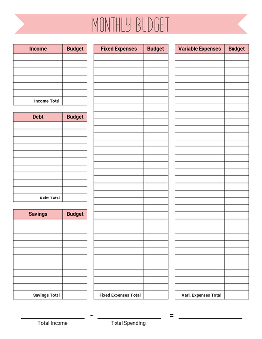 Monthly Budget Worksheet with Pink Banner Design