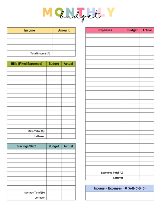 Monthly Budget Sheet