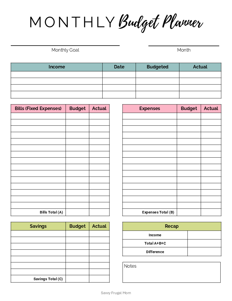 Monthly Budget Printable Template
