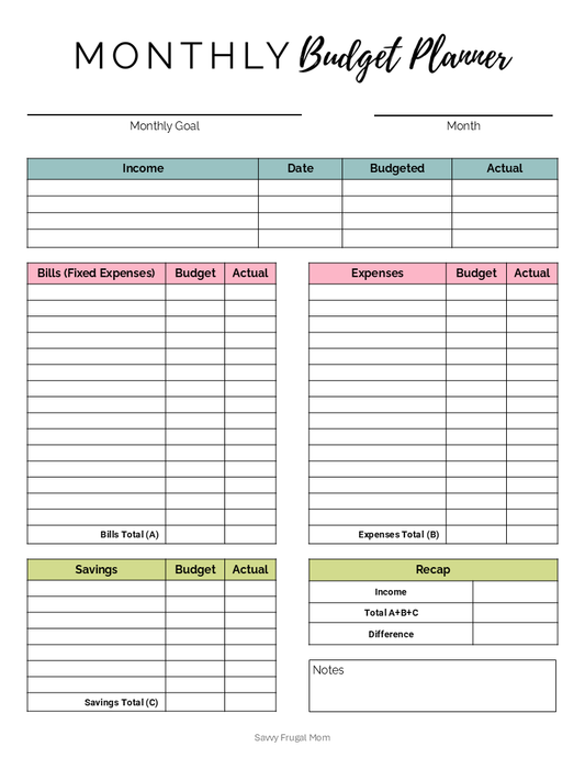 Monthly Budget Printable Template