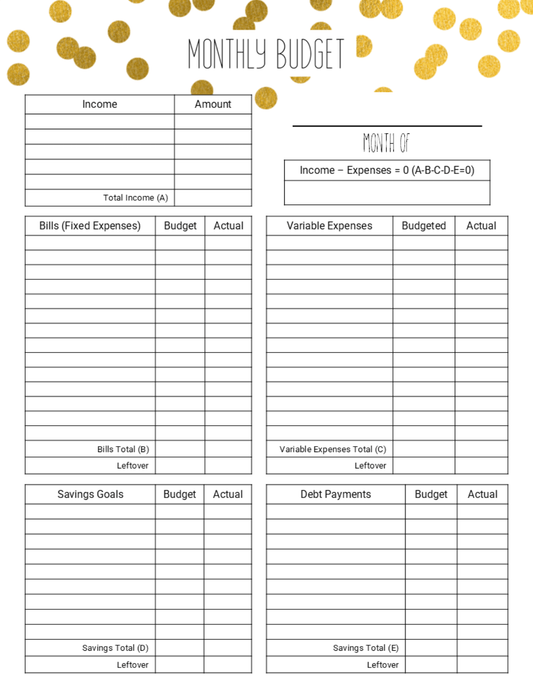 Monthly Budget Planner Gold Dots