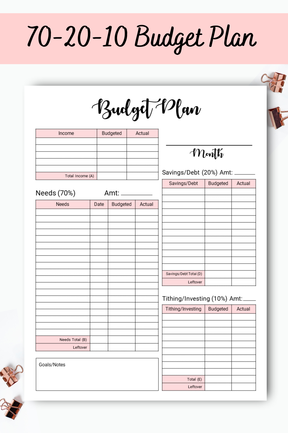 70 20 10 Budget Printable